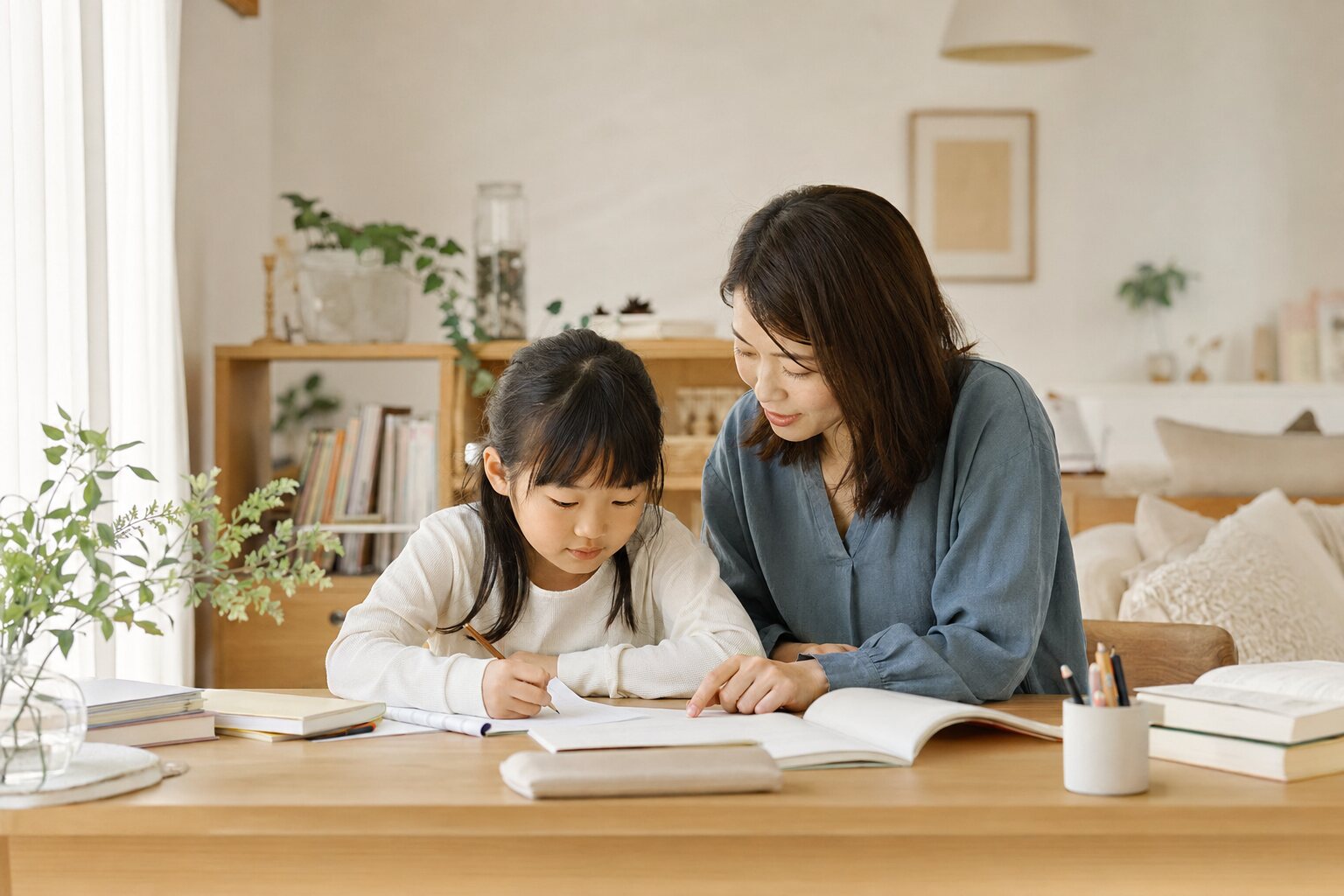 家庭で一緒に学習する親子